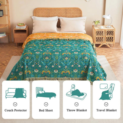 Boho Throw Blanket - 100% Cotton Soft Summer Throw Blanket for Bed, 50"x60" Reversible Breathable Lightweight Blankets, All Seasons Farmhouse Decor Floral Plant Butterfly Throw Quilt