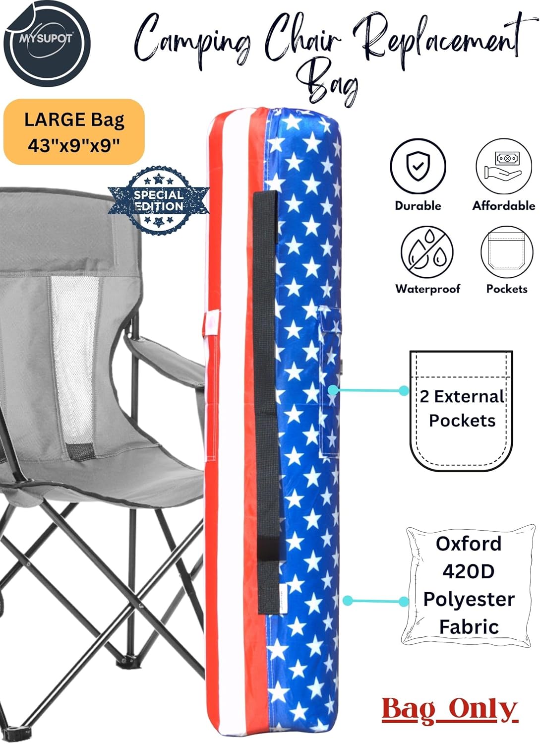 Replacement Bag for Folding Camping Chair, Portable Camp Chair, Hammock, Yoga Mat, Umbrella, Tents, Tripods, Fishing Poles - 420D Oxford Polyester Fabric