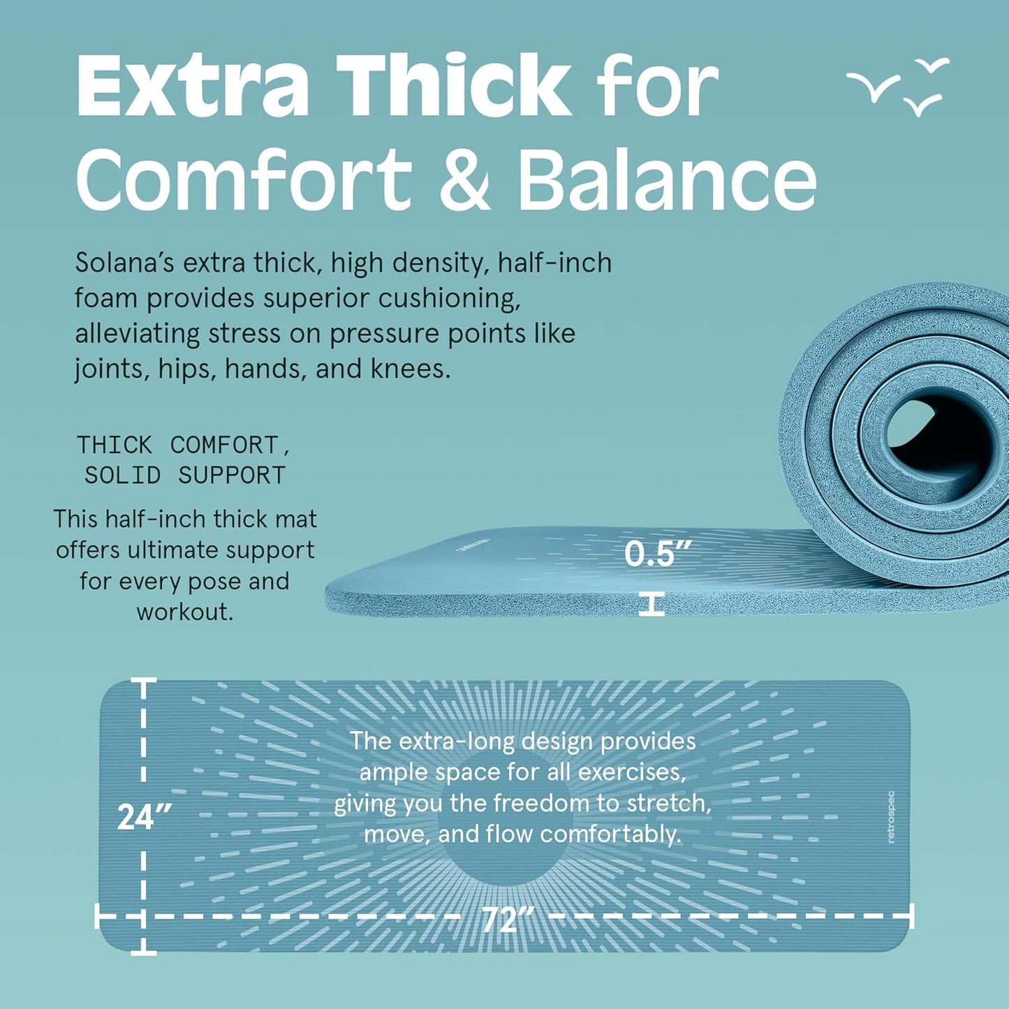 Retrospec Solana Yoga Mat Thick 1/2in Non-Slip Workout Mat with Nylon Strap - 72x24in Exercise Mat for Pilates, Stretching & Fitness - BPA Free, Easy Clean