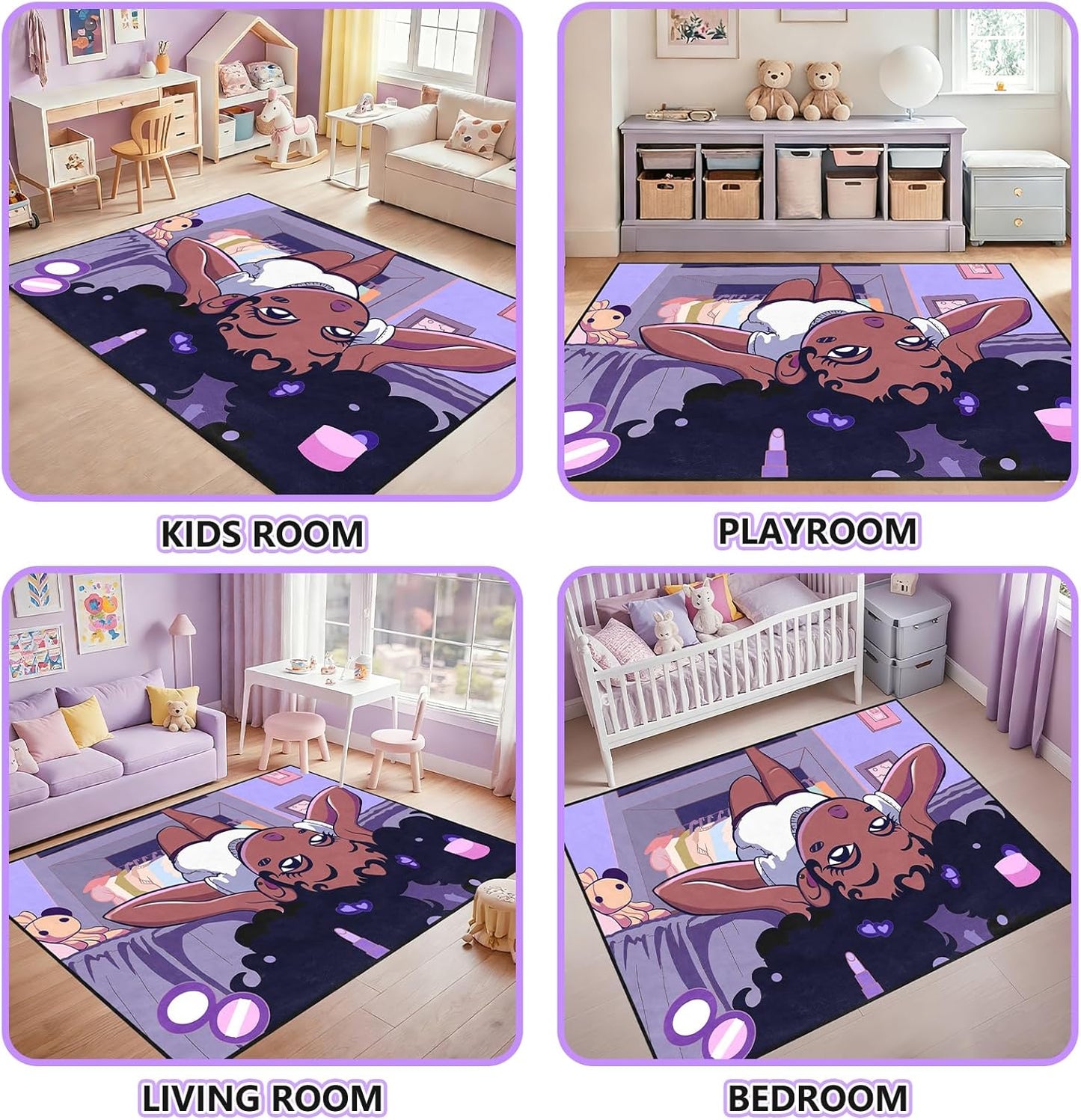 Black Girl Area Rug for Bedroom African Black Girls Floor Rugs for Living Room Playroom Cartoon Art Home Decor Soft Yoga Mats for Women Afro Purple 47" x 31" (2.7 x 3 Feet)