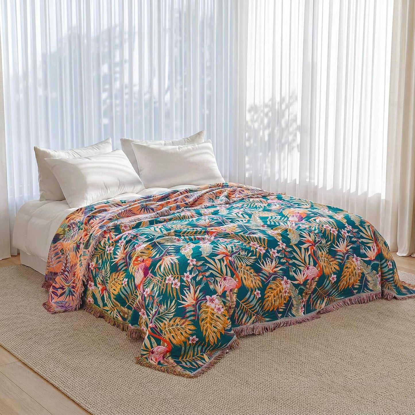 Boho Throw Blanket - 100% Cotton Soft Summer Throw Blanket for Bed, 50"x60" Reversible Breathable Lightweight Blankets, All Seasons Farmhouse Decor Floral Plant Butterfly Throw Quilt