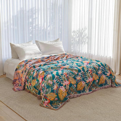 Boho Throw Blanket - 100% Cotton Soft Summer Throw Blanket for Bed, 50"x60" Reversible Breathable Lightweight Blankets, All Seasons Farmhouse Decor Floral Plant Butterfly Throw Quilt