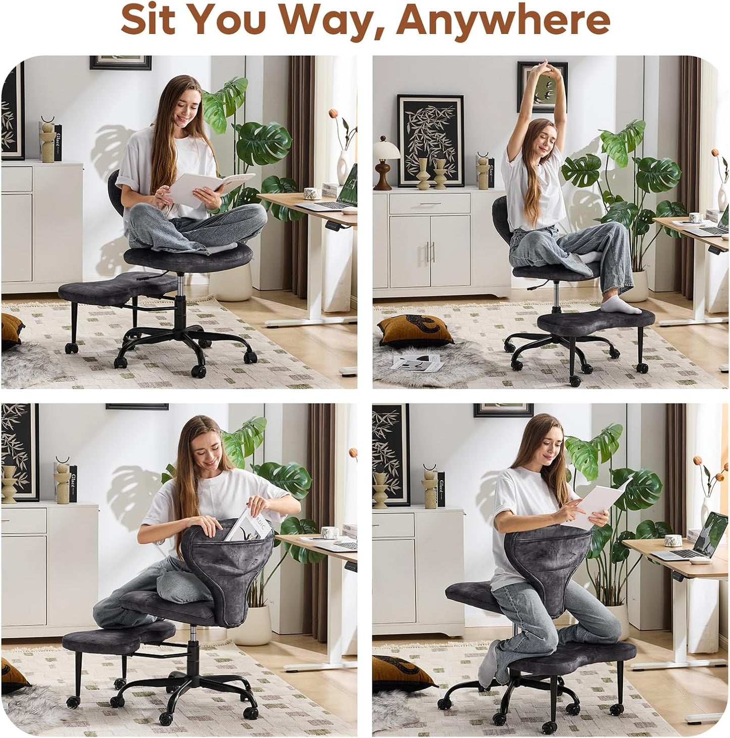 YFO Ergonomic Cross Legged Office Chair and ADHD Meditation Chair with Silent Wheels for Home Office Desk Chair and Yoga, Wider Backrest Support and Storage Pockets Design, PU Leather, Cream