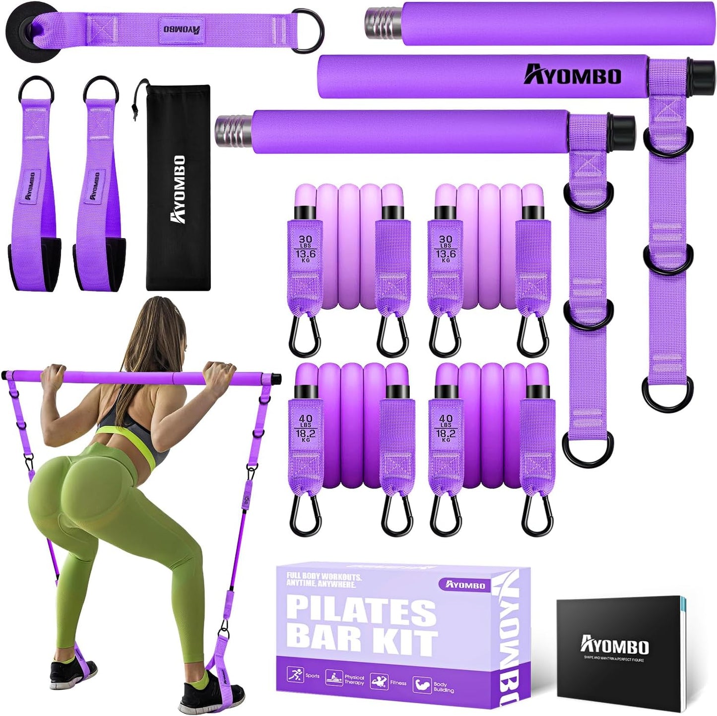 Ayombo Pilates Bar Kit with Resistance Bands, Pilates Workout Equipment for Legs, Hip, Waist, Arm, Squats Exercise Equipment for Home Workouts, Adjustable 3-Section Pilates Bar Kit for Women & Men