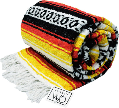 Open Road Goods Heavyweight Mexican Falsa Yoga Blanket, Extra Thick with Stripes - Great Beach, Picnic, or Throw - Handmade Sunfire Red, Orange, and Black Colors