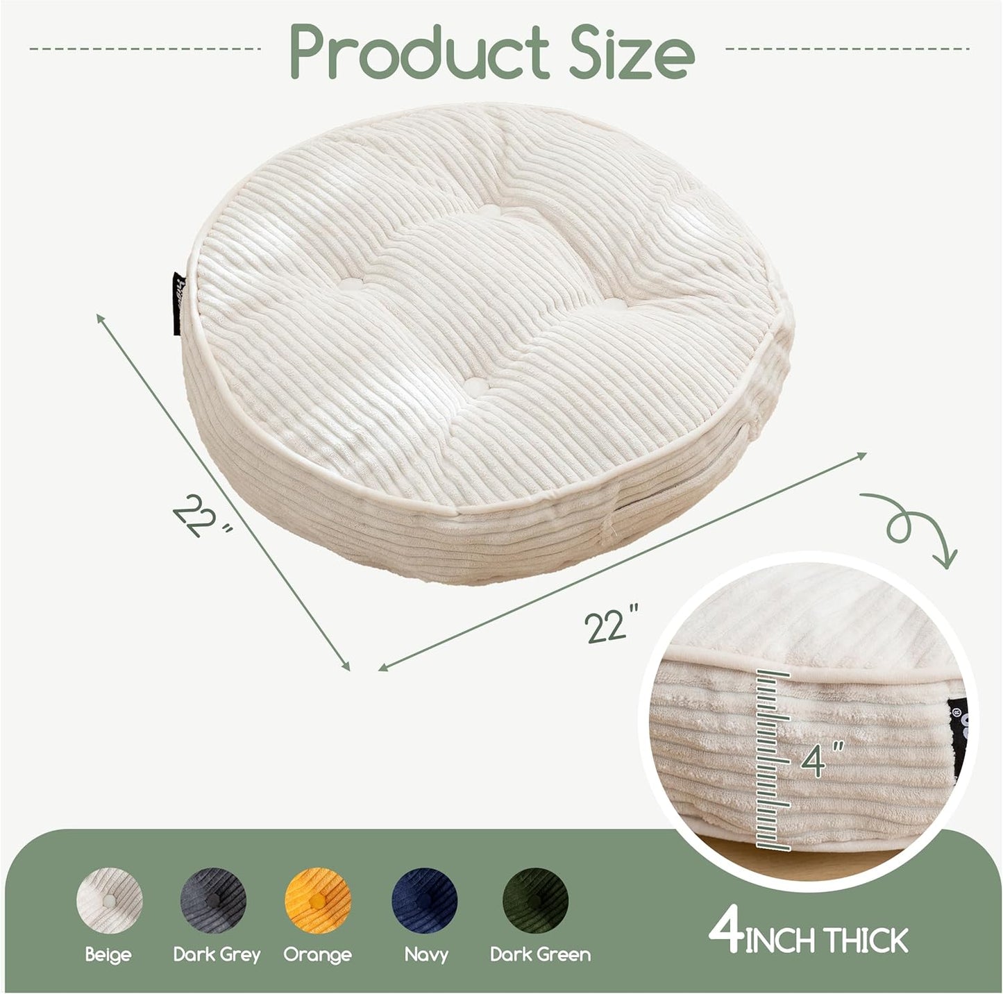 HIGOGOGO Floor Pillow Cushion for Adults, Meditation Cushion Pillow, Large Square Floor Sitting, Tufted Corduroy Cover, for Tatami Living Room or Yoga, 22x22 Inch, Dark Grey