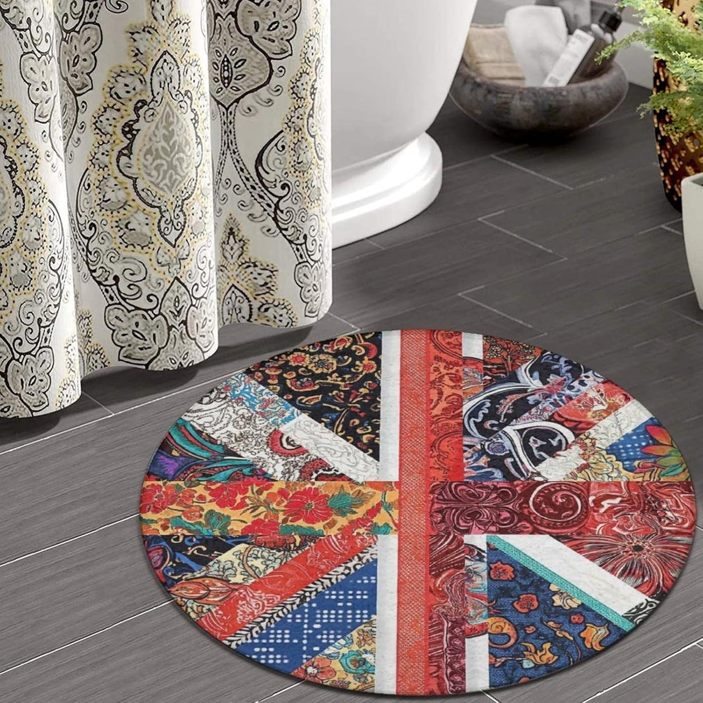 Machine Washable Modern Round Area Rug, Room Sofa Yoga Soft Round Carpet, Home Decor Non Slip Kitchen Office Circle Rug Union Jack Flag UK Mandala Art, 60inch