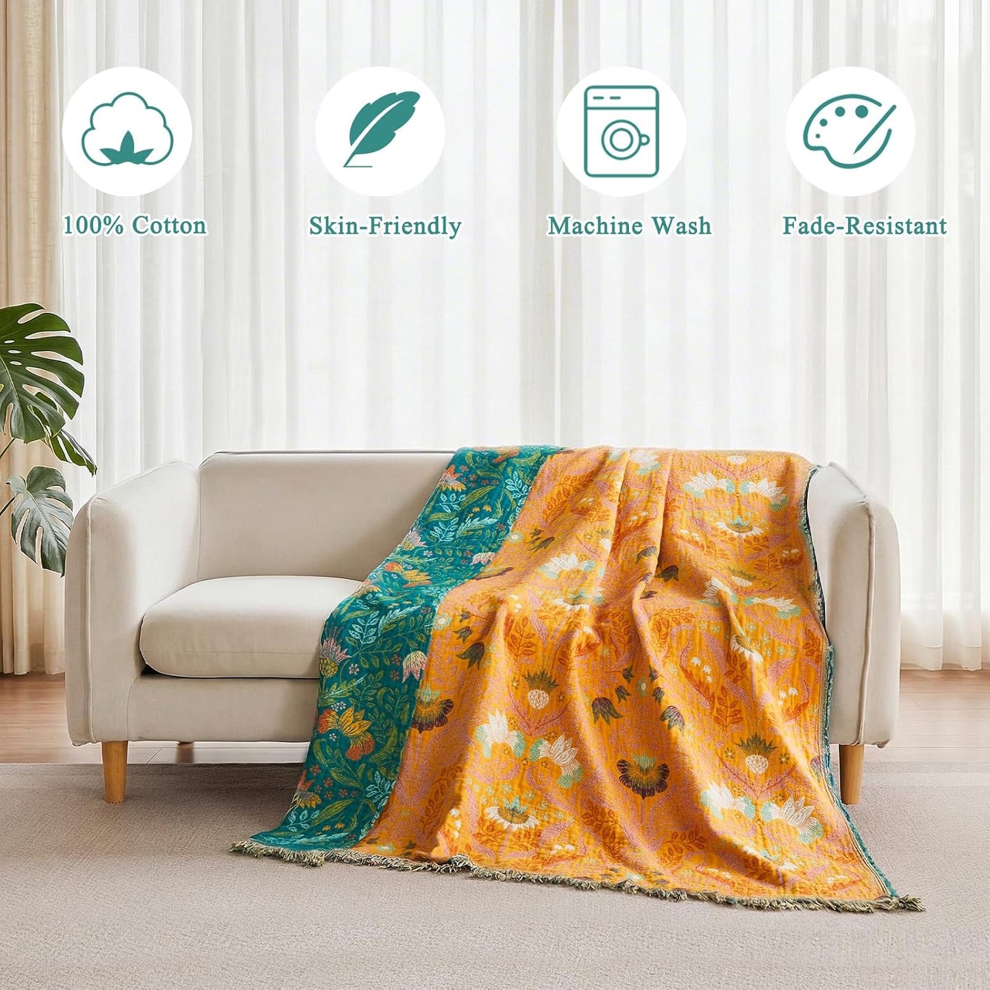 Boho Throw Blanket - 100% Cotton Soft Summer Throw Blanket for Bed, 50"x60" Reversible Breathable Lightweight Blankets, All Seasons Farmhouse Decor Floral Plant Butterfly Throw Quilt
