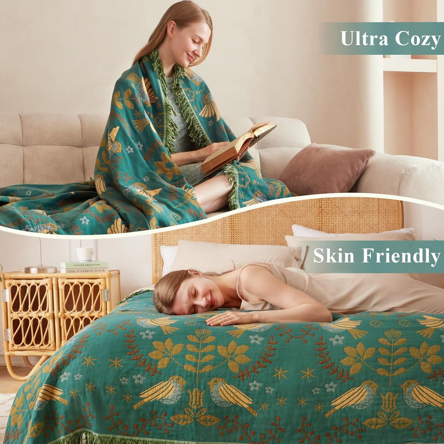 Boho Throw Blanket - 100% Cotton Soft Summer Throw Blanket for Bed, 50"x60" Reversible Breathable Lightweight Blankets, All Seasons Farmhouse Decor Floral Plant Butterfly Throw Quilt