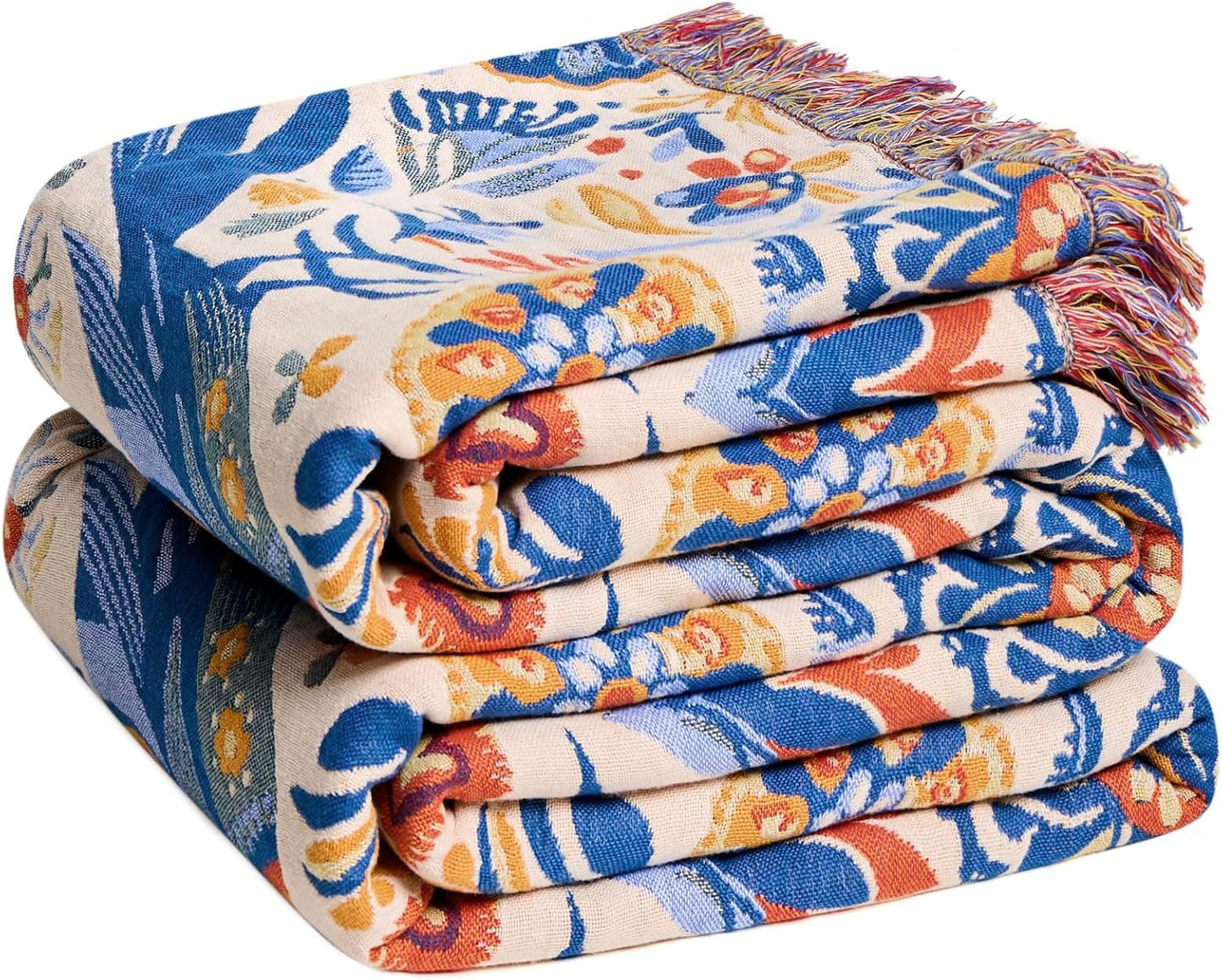 Boho Throw Blanket - 100% Cotton Soft Summer Throw Blanket for Bed, 50"x60" Reversible Breathable Lightweight Blankets, All Seasons Farmhouse Decor Floral Plant Butterfly Throw Quilt