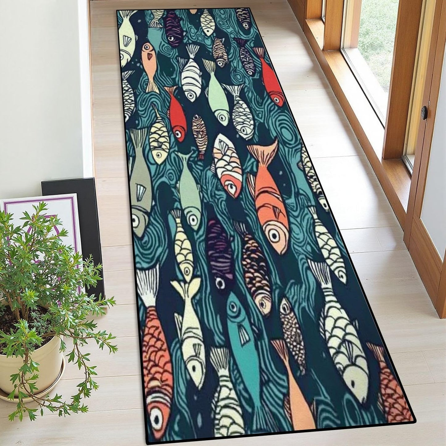 Runner Rug Washable 2x6 Seamless Pattern Fish Swimming Against Current Against Crowd Non-Slip Hallway Area Rug Indoor Outdoor Home Decor for Entryway Bathroom Kitchen Carpet Yoga Floor Mat