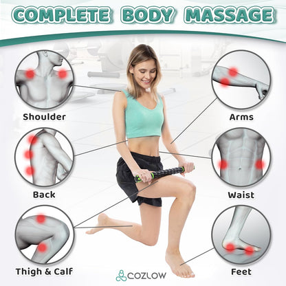 Muscle Roller Stick - Black Green - Hand Held Body Massager with 9 Rollers & Non-Slip Handles - Deep Tissue Massage & Maximum Muscle Recovery - Leg, Back, Arm, Thigh, Butt Sculpting Tool - by Cozlow