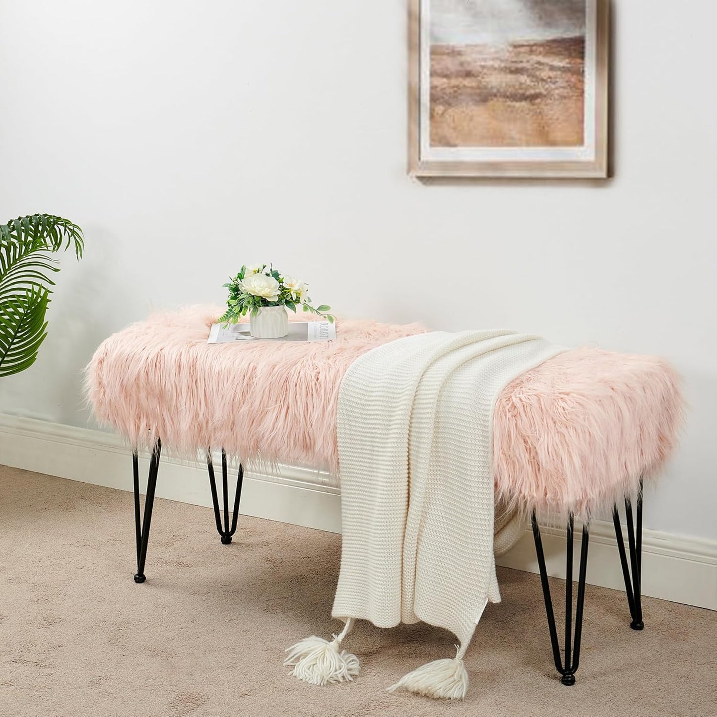 Home Soft Things Green Mongolian Faux Fur Ottoman, Desert Sage, 19'' x 13'' x 17'', Cozy Plush Fluffy Ottoman Foot Rest Stool for Living Room Bedroom Entryway Makeup Bench End of Bed Home Décor