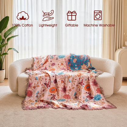 Boho Throw Blanket - 100% Cotton Soft Summer Throw Blanket for Bed, 50"x60" Reversible Breathable Lightweight Blankets, All Seasons Farmhouse Decor Floral Plant Butterfly Throw Quilt