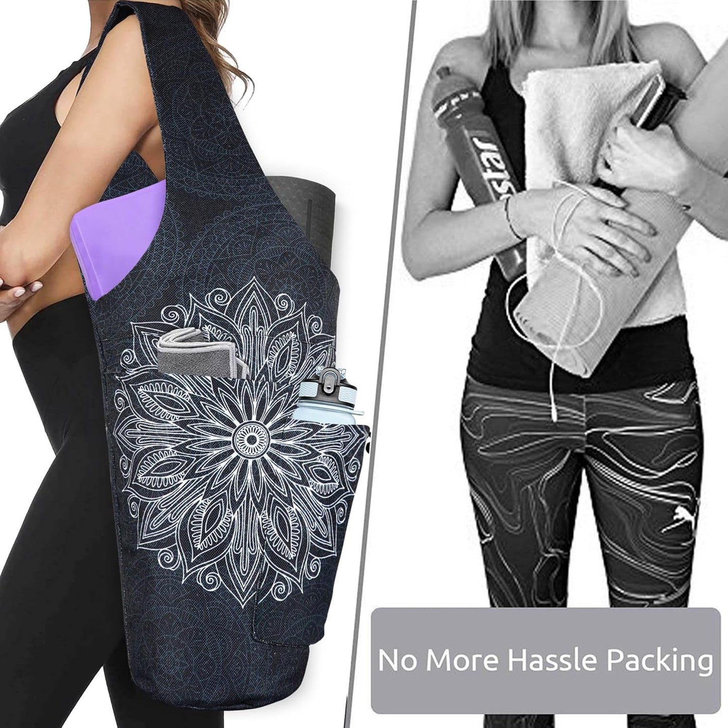 Yoga Mat Bag - Large Opening Long Tote Yoga Mat Carrier Holder Bag with Waterproof Wet Zipper Pocket and Drawstring Water Bottle Pocket - Yoga Bag Fit Most Size Mats