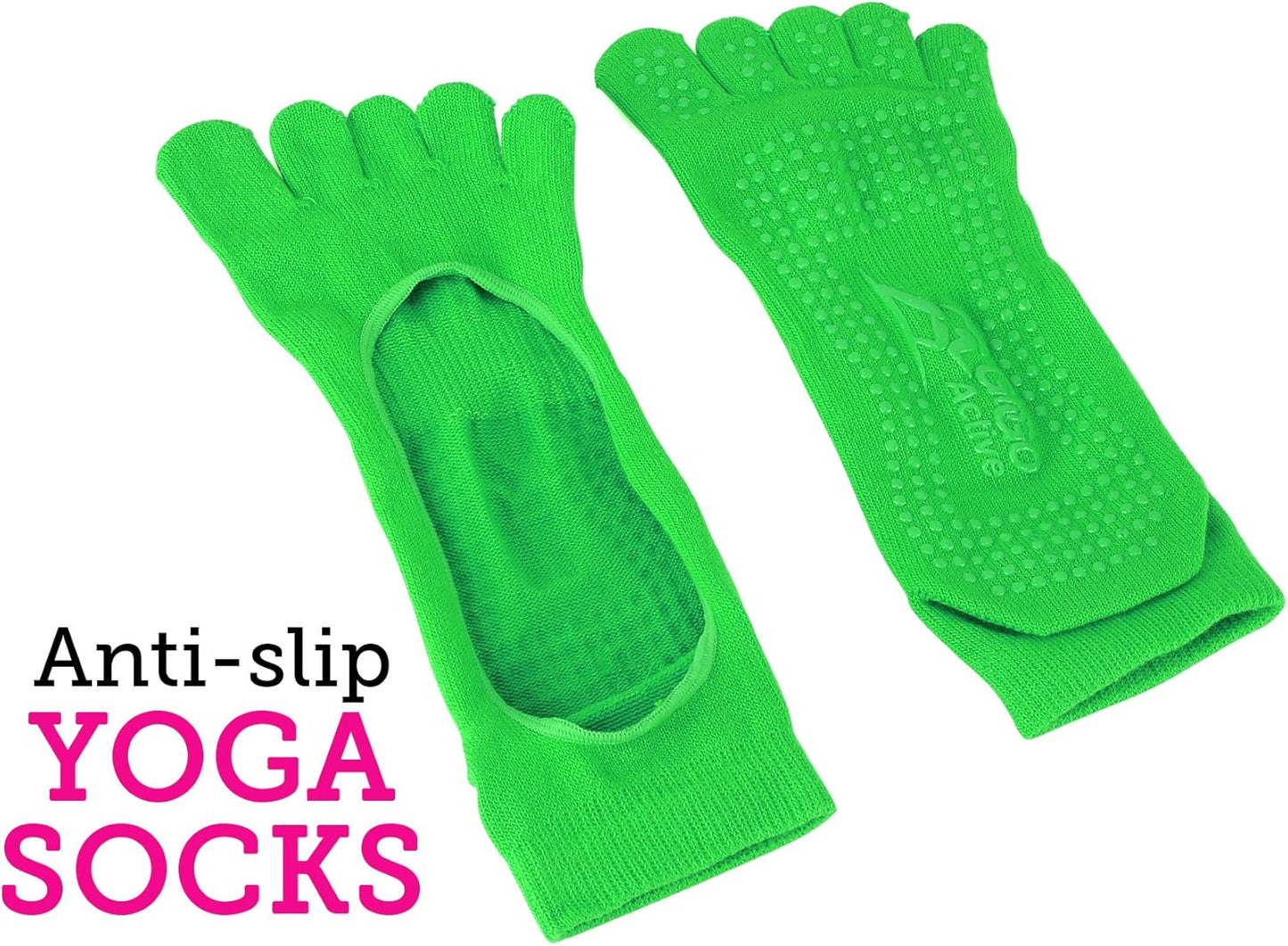 Yoga Accessories Set - Includes 2 Yoga Blocks, 1 Microfiber Non Slip Mat Towel 72X24, 1 Microfiber Hand Towel 24X15, 1 Yoga Strap, 1 Pair of Yoga Socks (Green)