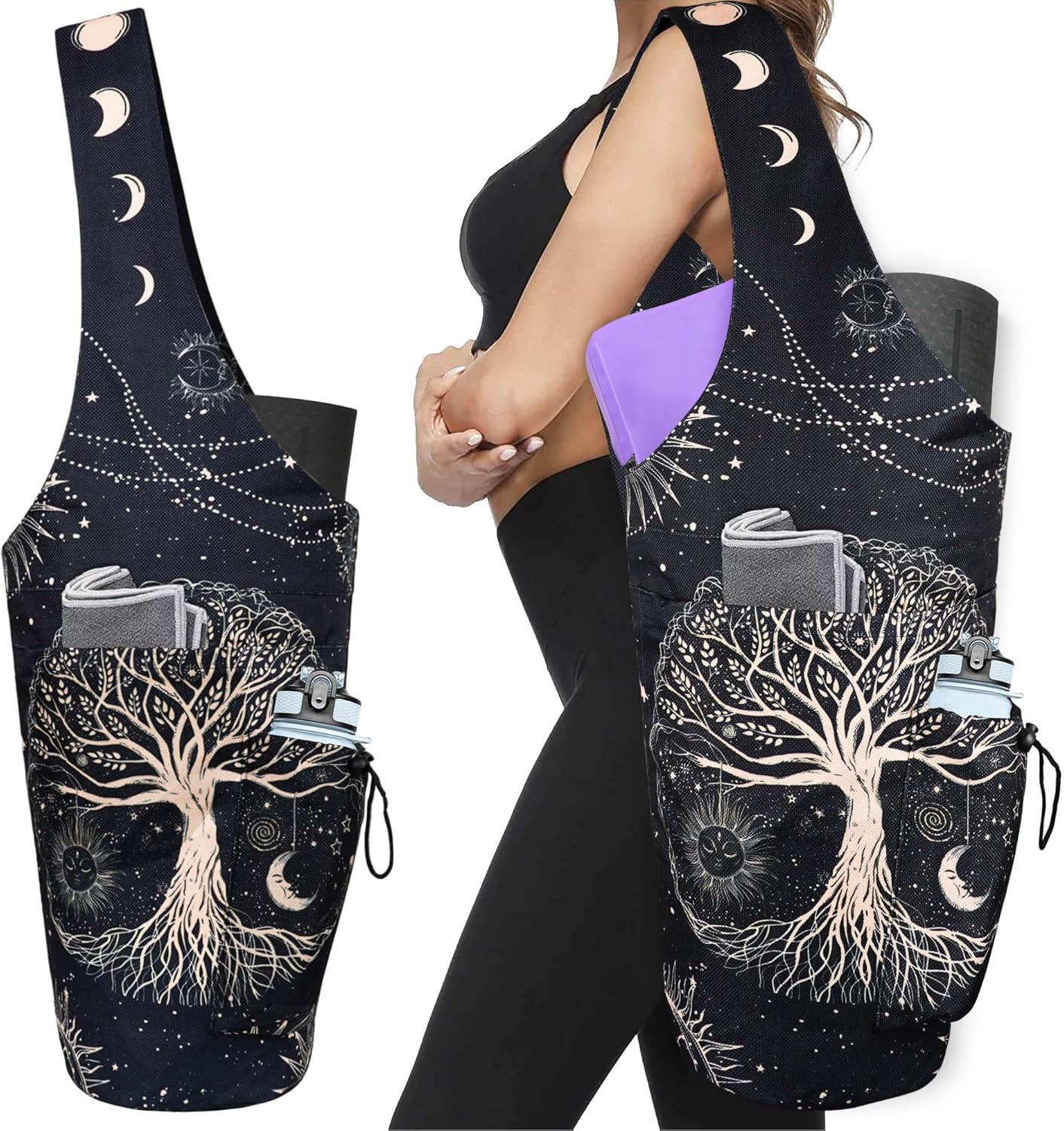 Yoga Mat Bag - Large Opening Long Tote Yoga Mat Carrier Holder Bag with Waterproof Wet Zipper Pocket and Drawstring Water Bottle Pocket - Yoga Bag Fit Most Size Mats