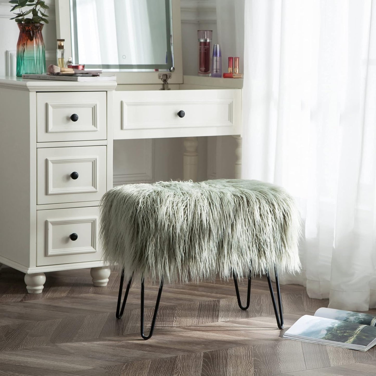 Home Soft Things Green Mongolian Faux Fur Ottoman, Desert Sage, 19'' x 13'' x 17'', Cozy Plush Fluffy Ottoman Foot Rest Stool for Living Room Bedroom Entryway Makeup Bench End of Bed Home Décor