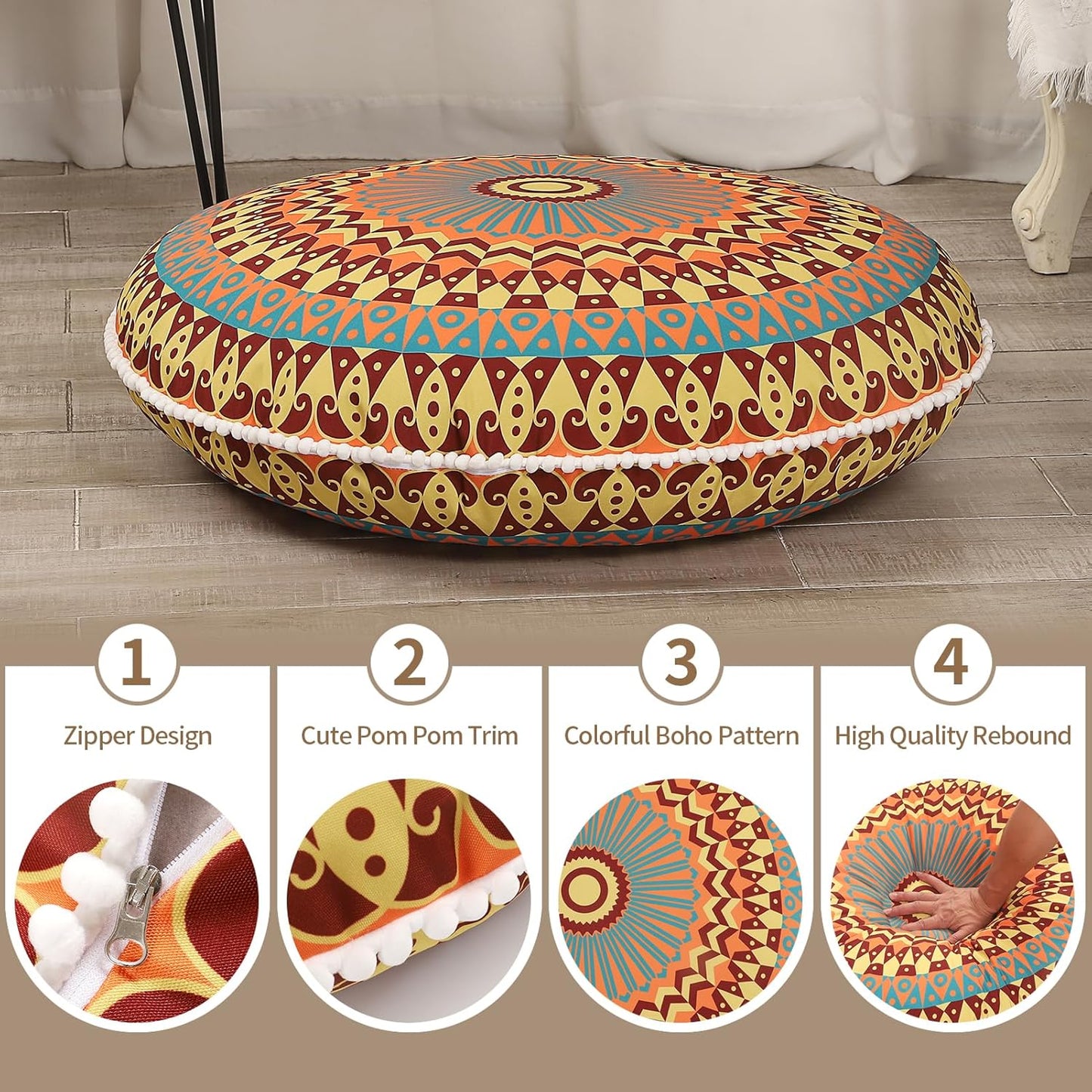 LOVMOC 32 Inch Round Floor Pillow for Adults, Large Thick Memory Foam Boho Mandala Meditation Floor Seating Cushion, Machine Washable for Living Room Outdoor Yoga Floor Sitting, Navy Blue