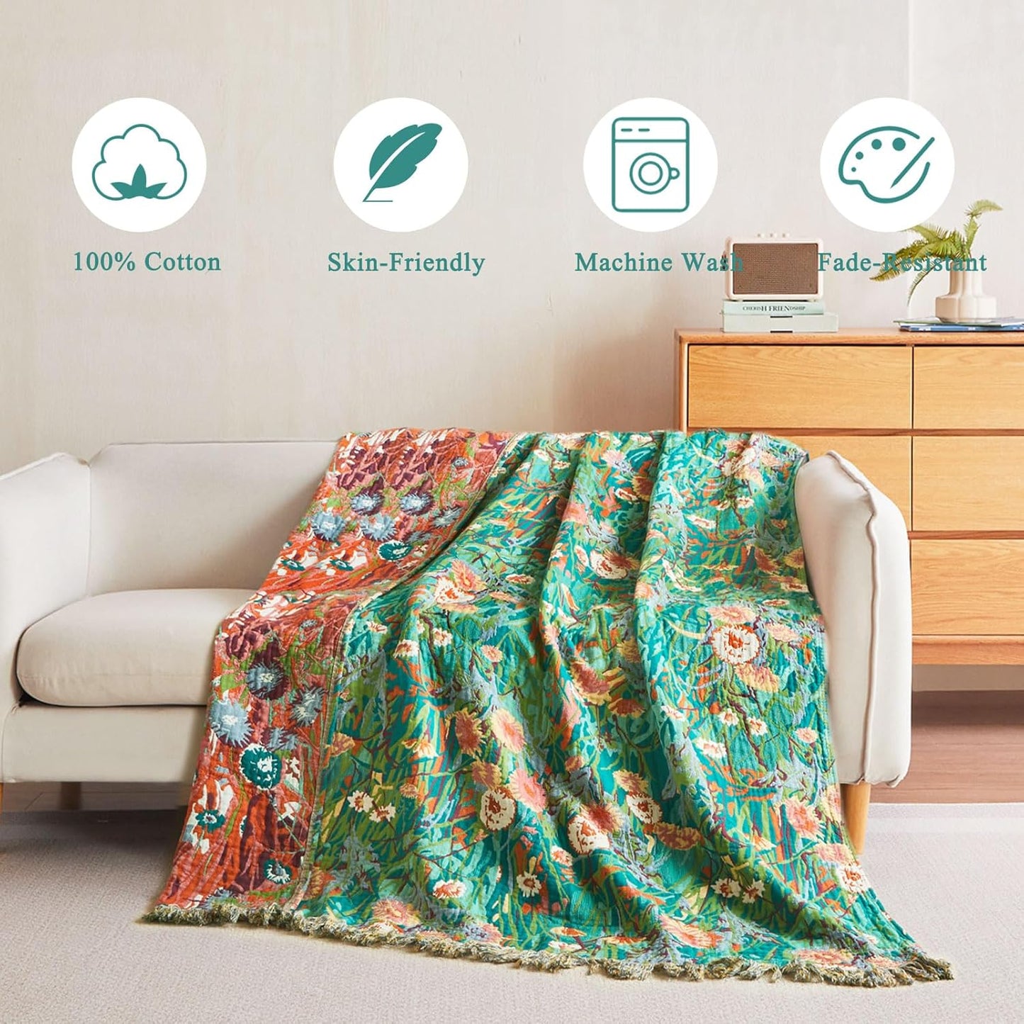 Boho Throw Blanket - 100% Cotton Soft Summer Throw Blanket for Bed, 50"x60" Reversible Breathable Lightweight Blankets, All Seasons Farmhouse Decor Floral Plant Butterfly Throw Quilt