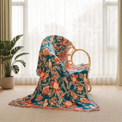 Boho Throw Blanket - 100% Cotton Soft Summer Throw Blanket for Bed, 50"x60" Reversible Breathable Lightweight Blankets, All Seasons Farmhouse Decor Floral Plant Butterfly Throw Quilt
