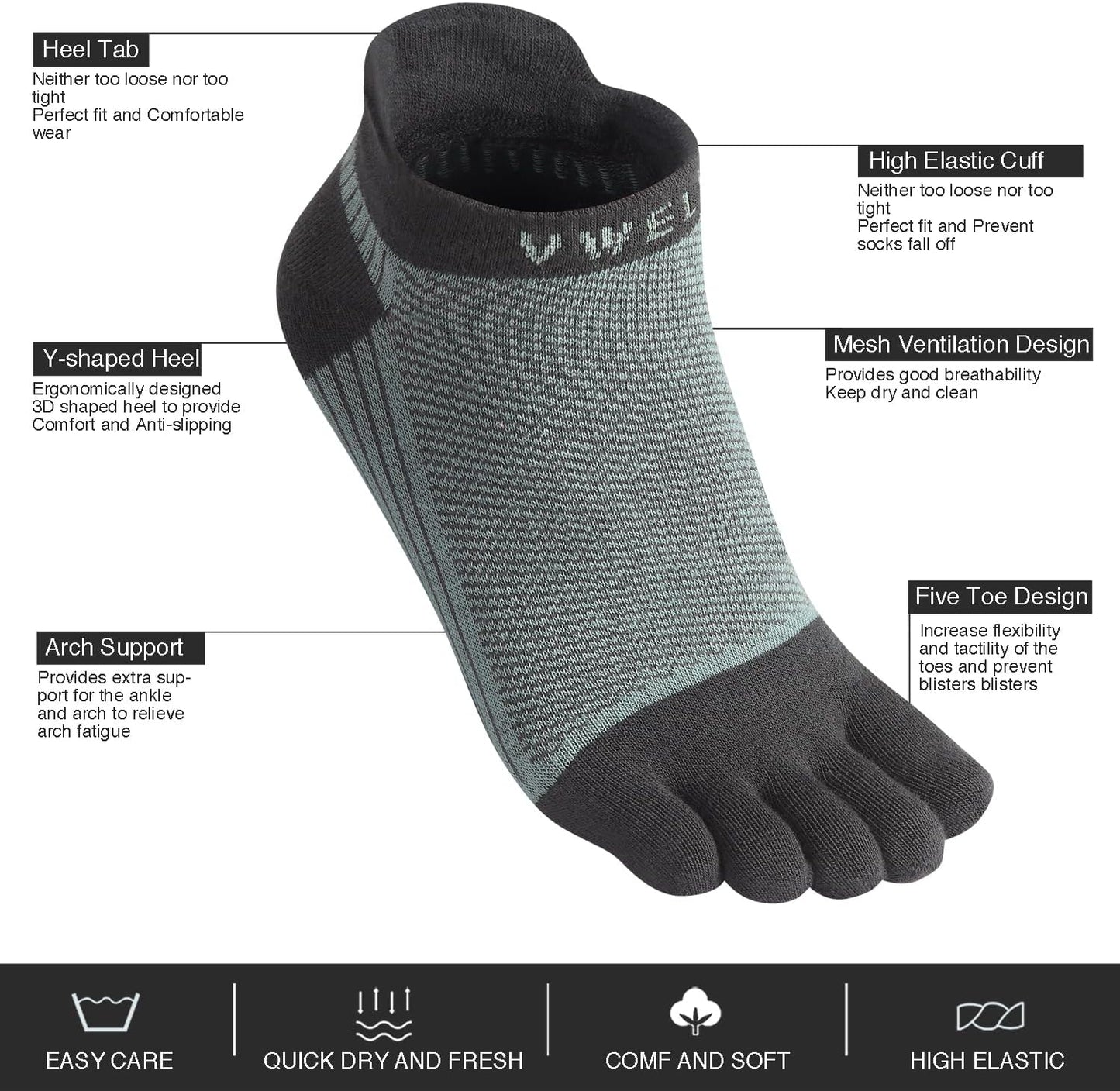 VWELL Cotton Toe Socks Five Finger Socks No Show Crew Athletic Running Socks 4 Pairs,Size 7-11