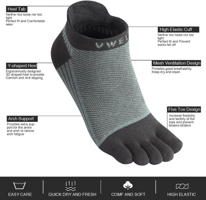 VWELL Cotton Toe Socks Five Finger Socks No Show Crew Athletic Running Socks 4 Pairs,Size 7-11