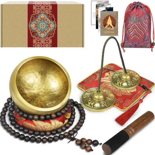 Artcome 7PCS Tibetan Meditation Set - Tibetan Singing Bowl & Tibetan Tingsha Cymbals Bells Handmade in Nepal for Meditation, Yoga, Tranquility, Relaxation, Chakra Healing, Stress Relief & Mindfulness
