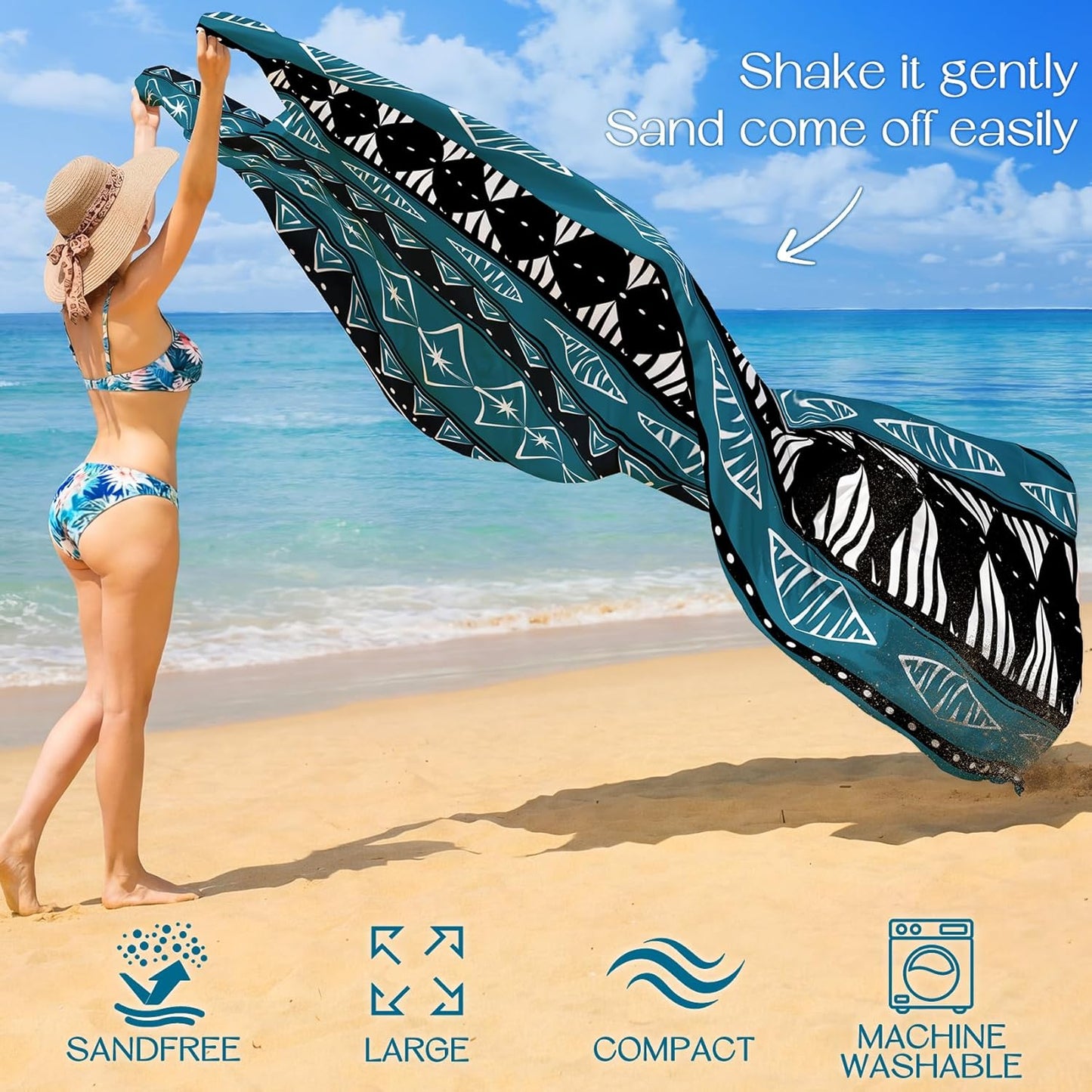BYDOLL Beach Blanket Waterproof Sandproof Large Sand Free,78''X81''/10'X9' Oversized Sandless Lightweight Blanket Picnic Mat for Beach Travel Camping Hiking with Stakes