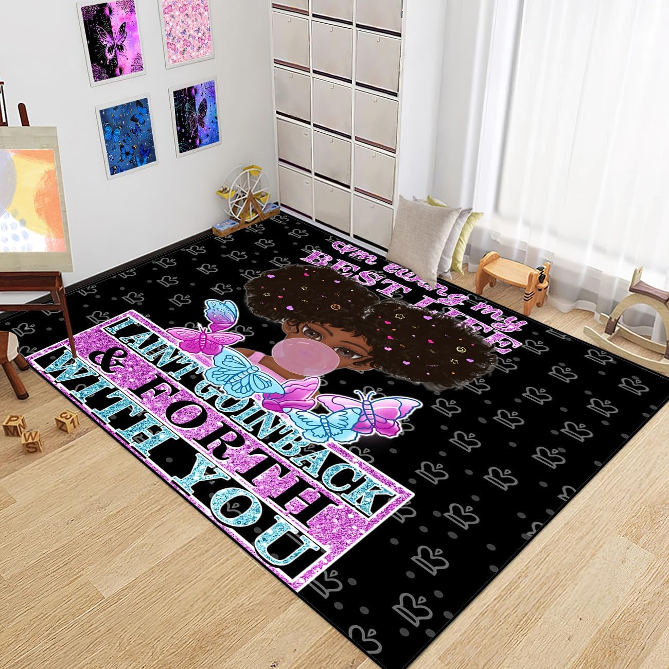 Black Girl Area Rug for Bedroom African Black Girls Floor Rugs for Living Room Playroom Cartoon Art Home Decor Soft Yoga Mats for Women Afro Purple 47" x 31" (2.7 x 3 Feet)