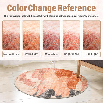 Carvapet 4ft Washable Round Rugs, Modern Abstract Circle Rug, Non Slip Rubber Backing Foldable Low Pile Carpet for Living Room Bedroom, 4ft Red/Orange Rug