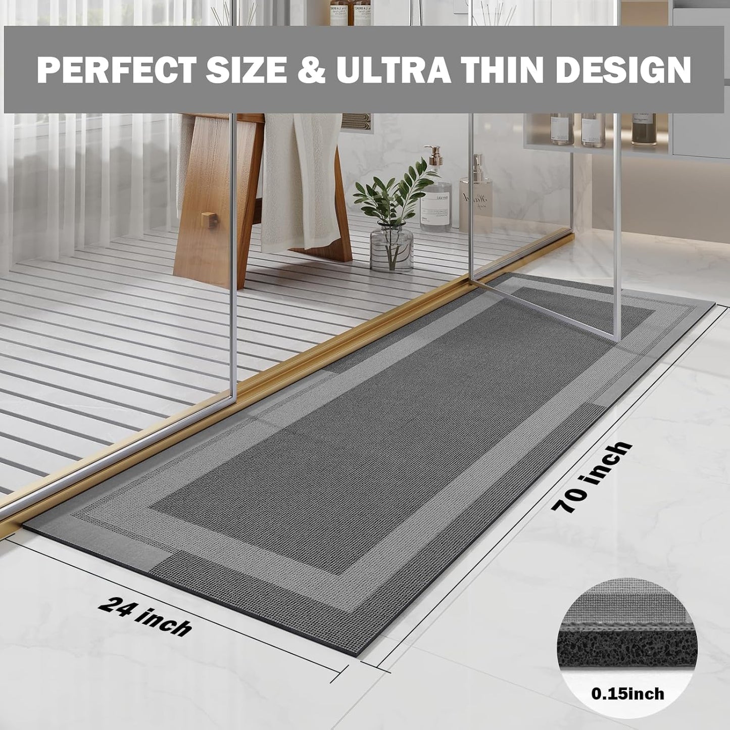 YDKGL Non Slip Long Bath Mat Bathroom Runner, Rubber Backing Ultra Thin Bathroom Rugs Fit Under Door Quick Dry Super Absorbent Washable Bath Rug Shower Mat for Bathtub Sink Floor, Dark Gray 17"x47"