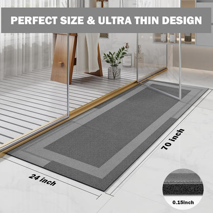YDKGL Non Slip Long Bath Mat Bathroom Runner, Rubber Backing Ultra Thin Bathroom Rugs Fit Under Door Quick Dry Super Absorbent Washable Bath Rug Shower Mat for Bathtub Sink Floor, Dark Gray 17"x47"