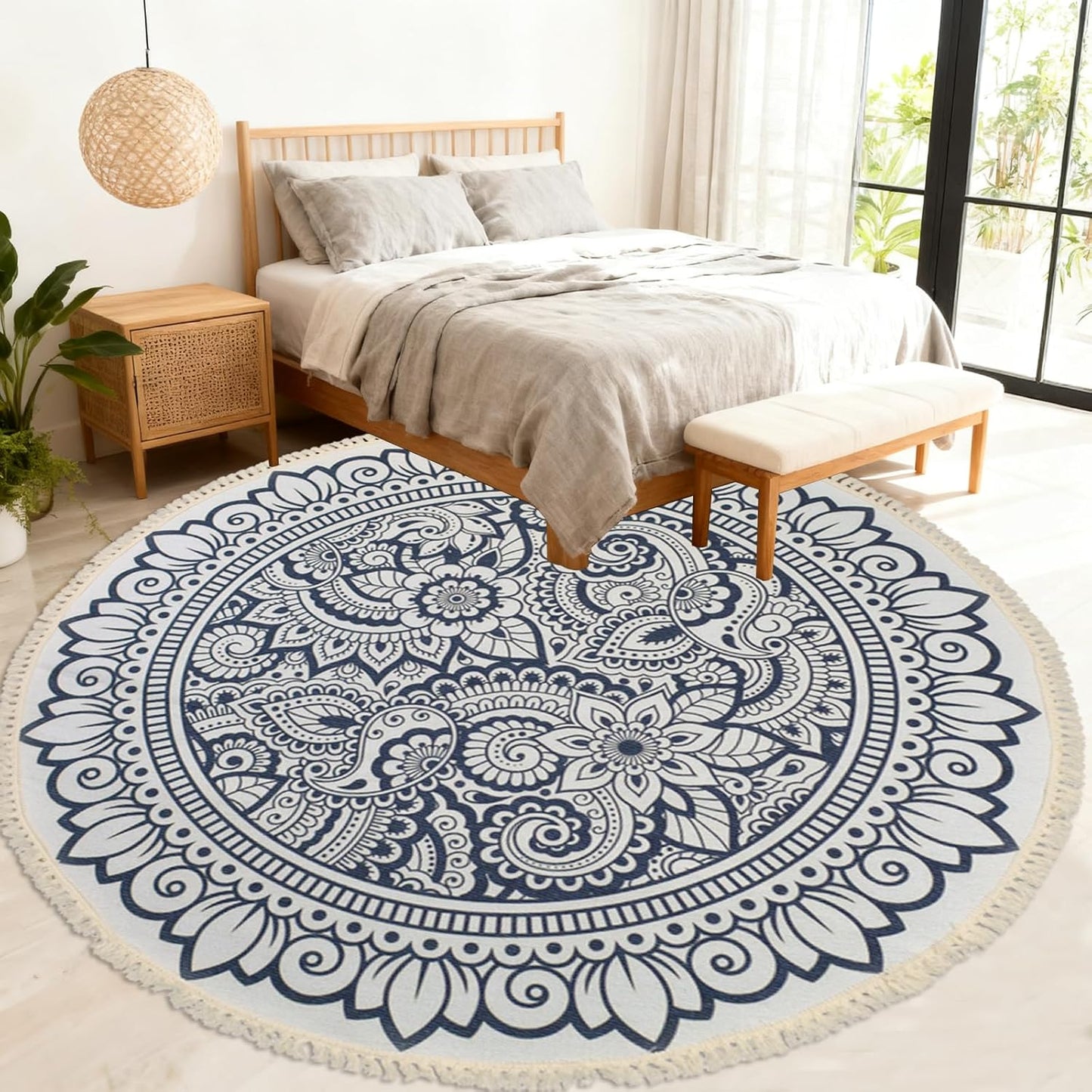 Boho Rug 5Ft Round Bedroom Carpet Circle Nonslip Farmhouse Area Rug Rustic Mandala Floor Mat for Living Room Locker Room Tassel Yoga Throw Rugs Washable Doormat, Purple