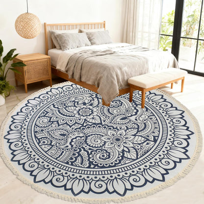 Boho Rug 5Ft Round Bedroom Carpet Circle Nonslip Farmhouse Area Rug Rustic Mandala Floor Mat for Living Room Locker Room Tassel Yoga Throw Rugs Washable Doormat, Purple