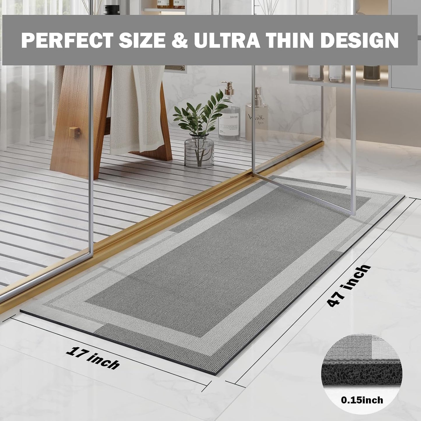 YDKGL Non Slip Long Bath Mat Bathroom Runner, Rubber Backing Ultra Thin Bathroom Rugs Fit Under Door Quick Dry Super Absorbent Washable Bath Rug Shower Mat for Bathtub Sink Floor, Dark Gray 17"x47"