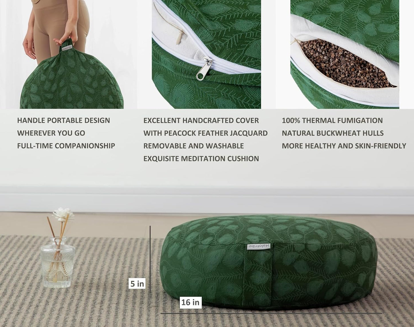 Meditation Cushion, Comfortable Meditation Pillow with Peacock Feather Jacquard Cover. Buckwheat Hull Filled Zafu Floor Pillow 16 * 16 * 5 in