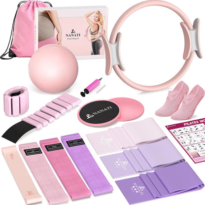 NANATI Pilates Kit, Home Pilates Workout Kit for Women, Pilates Equipment with 14.5" Pilates Ring and Ball, Resistance Bands, Ankle Weights, Sliders & Grip Socks Accessories for Starter Home Workouts