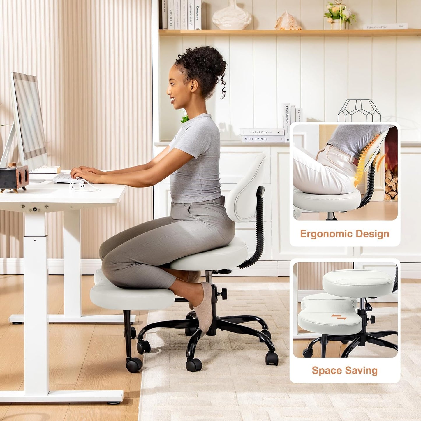 AtHope Cross Legged Office Chair, Criss Cross Desk Chair ADHD Meditation Kneeling Yoga Seat with Adjustable Height, Lumbar Support, Wider Footrest and Wheels (Black)