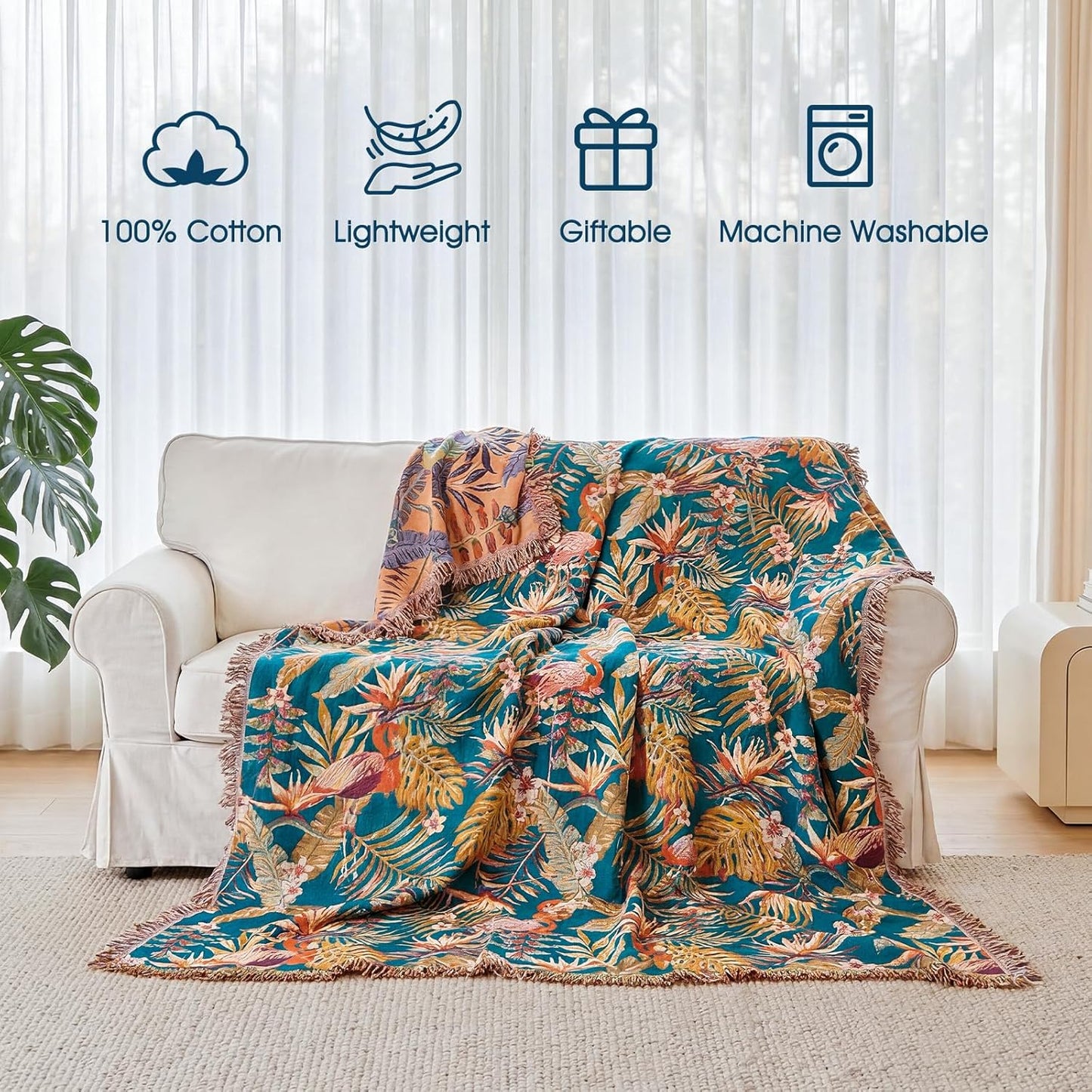 Boho Throw Blanket - 100% Cotton Soft Summer Throw Blanket for Bed, 50"x60" Reversible Breathable Lightweight Blankets, All Seasons Farmhouse Decor Floral Plant Butterfly Throw Quilt