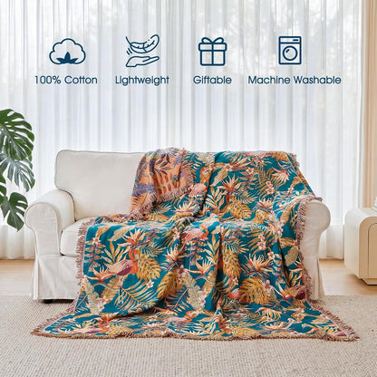Boho Throw Blanket - 100% Cotton Soft Summer Throw Blanket for Bed, 50"x60" Reversible Breathable Lightweight Blankets, All Seasons Farmhouse Decor Floral Plant Butterfly Throw Quilt