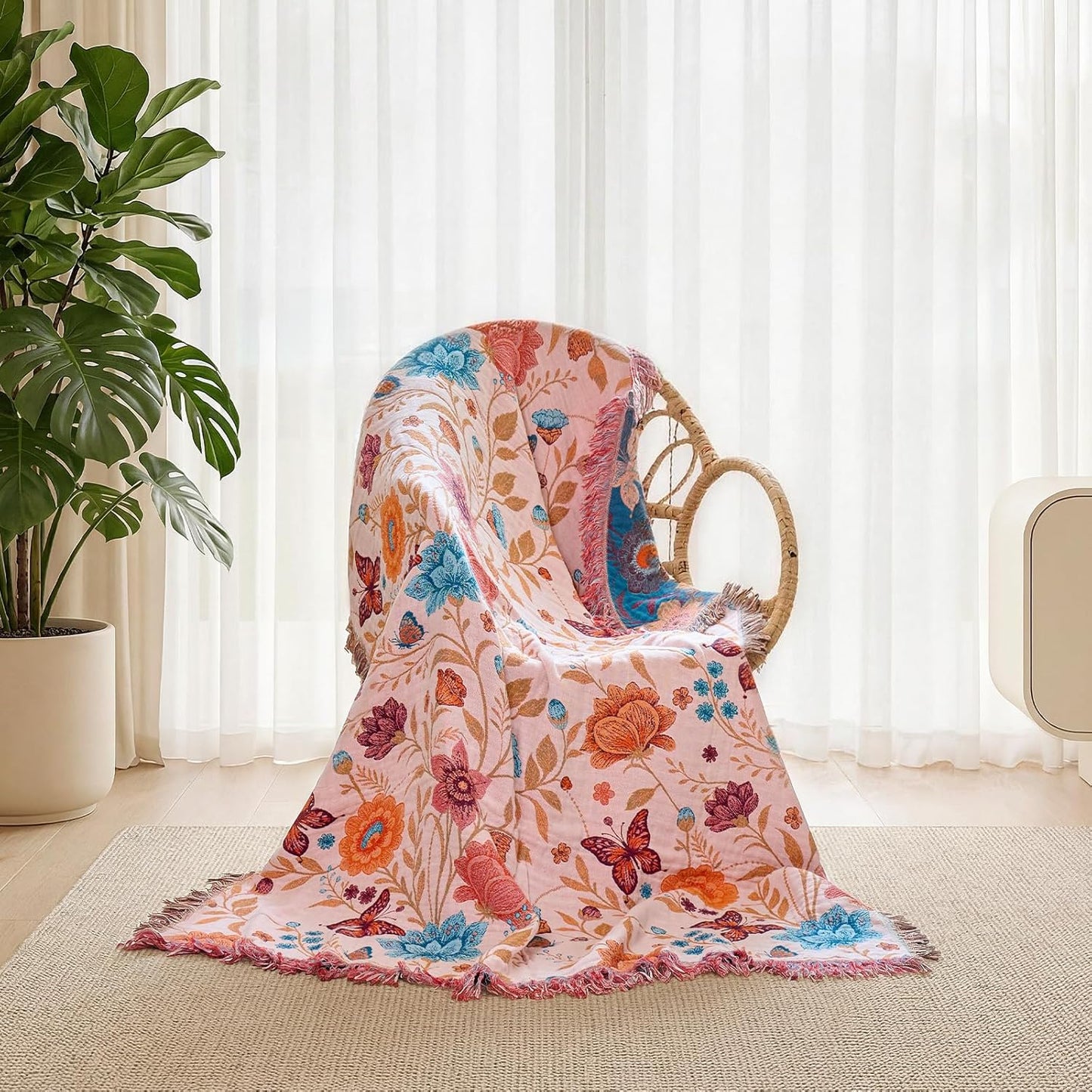 Boho Throw Blanket - 100% Cotton Soft Summer Throw Blanket for Bed, 50"x60" Reversible Breathable Lightweight Blankets, All Seasons Farmhouse Decor Floral Plant Butterfly Throw Quilt