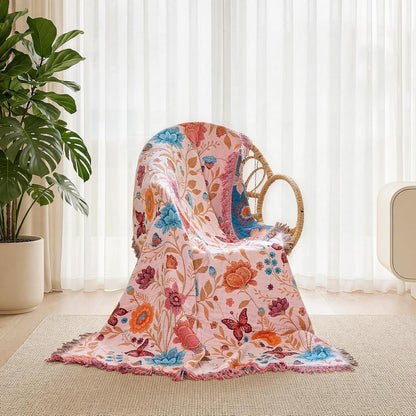 Boho Throw Blanket - 100% Cotton Soft Summer Throw Blanket for Bed, 50"x60" Reversible Breathable Lightweight Blankets, All Seasons Farmhouse Decor Floral Plant Butterfly Throw Quilt