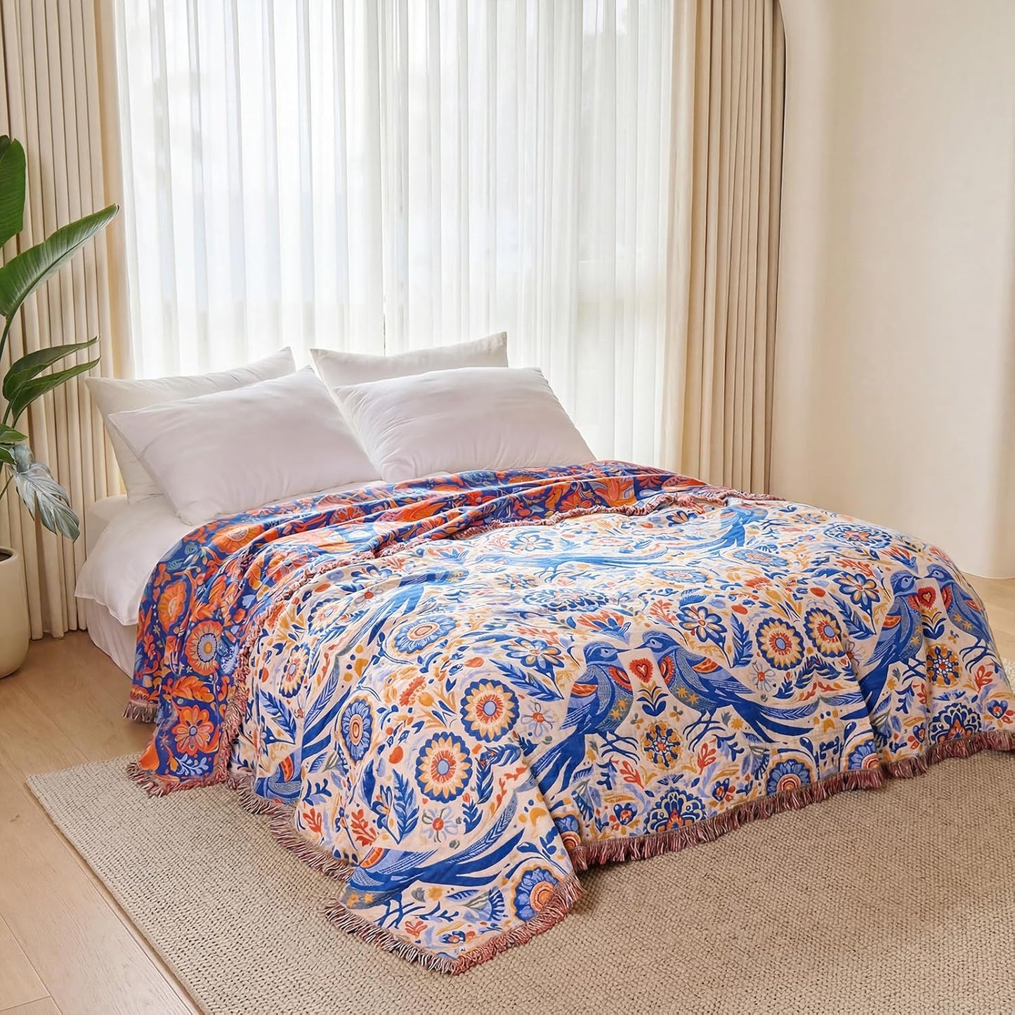 Boho Throw Blanket - 100% Cotton Soft Summer Throw Blanket for Bed, 50"x60" Reversible Breathable Lightweight Blankets, All Seasons Farmhouse Decor Floral Plant Butterfly Throw Quilt