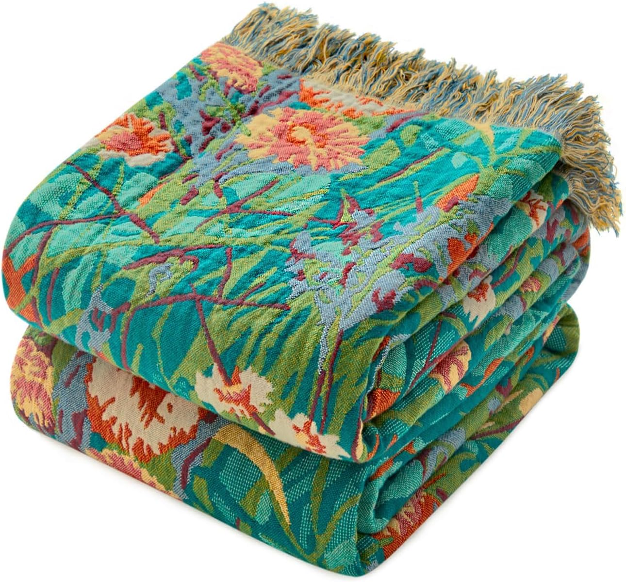 Boho Throw Blanket - 100% Cotton Soft Summer Throw Blanket for Bed, 50"x60" Reversible Breathable Lightweight Blankets, All Seasons Farmhouse Decor Floral Plant Butterfly Throw Quilt
