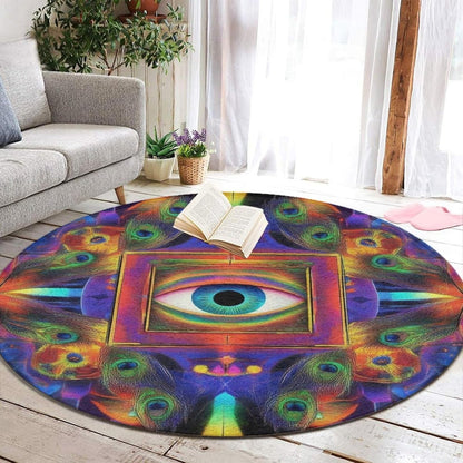 Machine Washable Modern Round Area Rug, Room Sofa Yoga Soft Round Carpet, Home Decor Non Slip Kitchen Office Circle Rug Trippy Rainbow Mushroom Tie Dye Art, 60inch