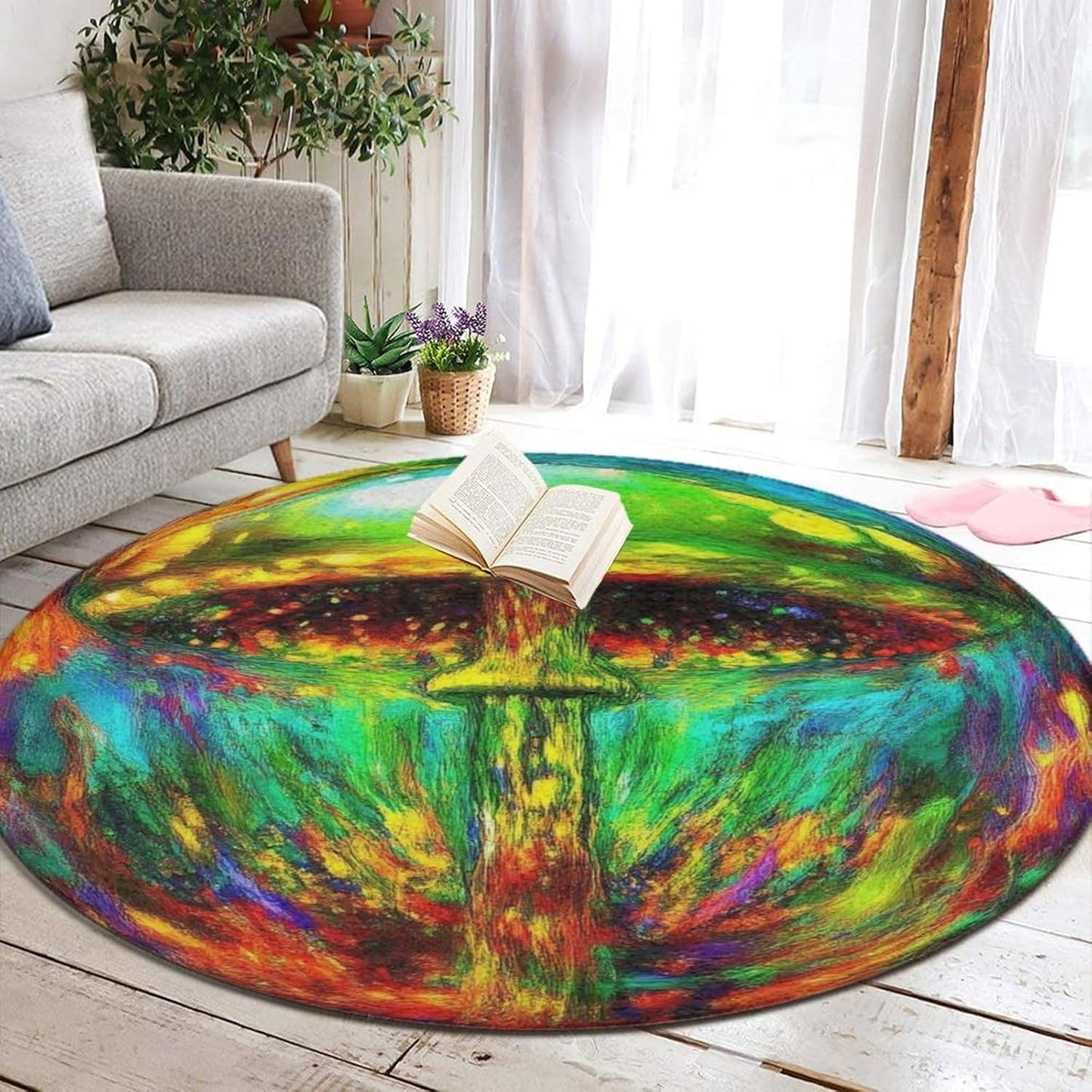 Machine Washable Modern Round Area Rug, Room Sofa Yoga Soft Round Carpet, Home Decor Non Slip Kitchen Office Circle Rug Trippy Rainbow Mushroom Tie Dye Art, 60inch