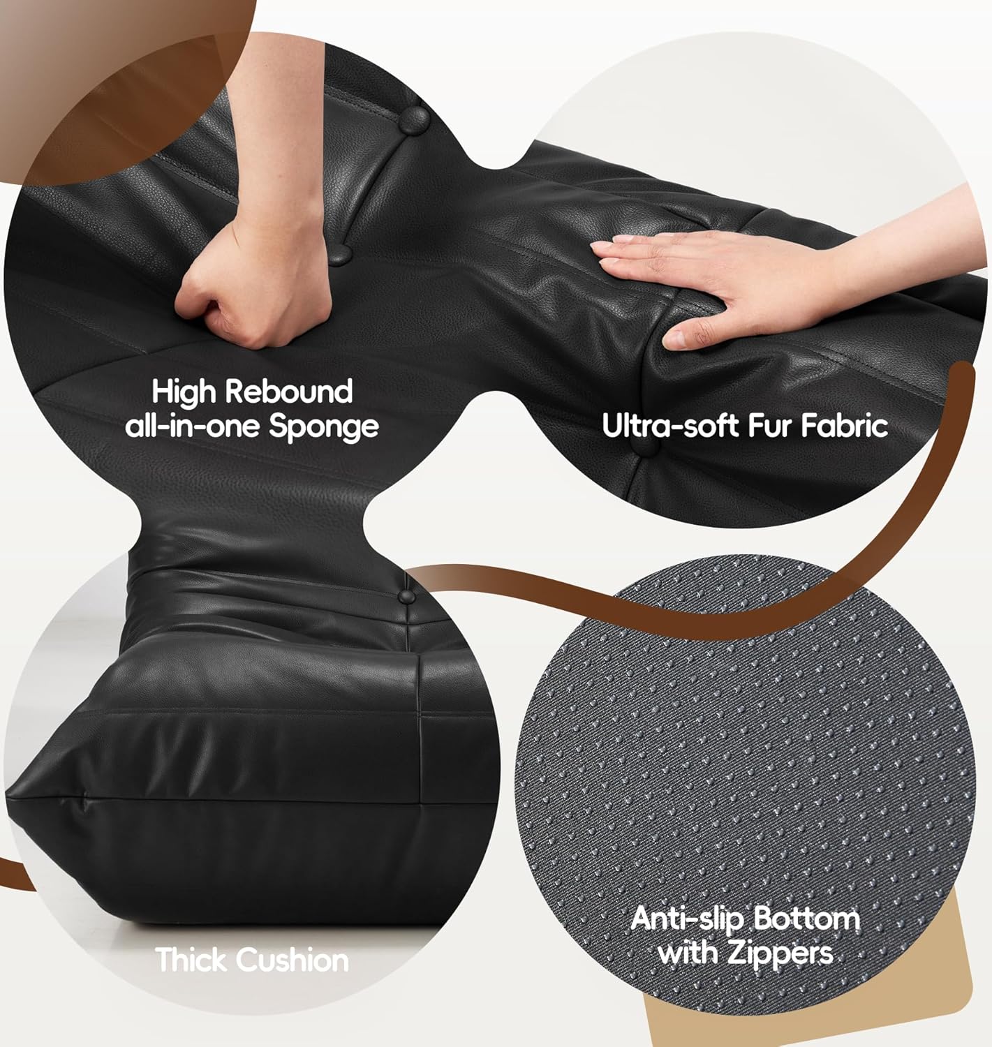 Hobestluk Giant Bean Bag Chair Lazy Floor Sofa, Memory Foam Fireside Sofa for Adults, Big Beanbag Faux Leather Armless Chair for Living Room Bedroom Dorm Office (Brown, Single)
