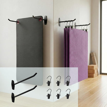 Yoga Mat Holder Wall Mount: Hanging Exercise Mat Rack - 2 Pack Heavy Duty Adjustable Hooks & 6 PCS Clips for Yoga Mat (<5.5lbs), Eyelet Mats, Foam Rollers & Gym Equipment Storage - Organizer for Fitness Workout