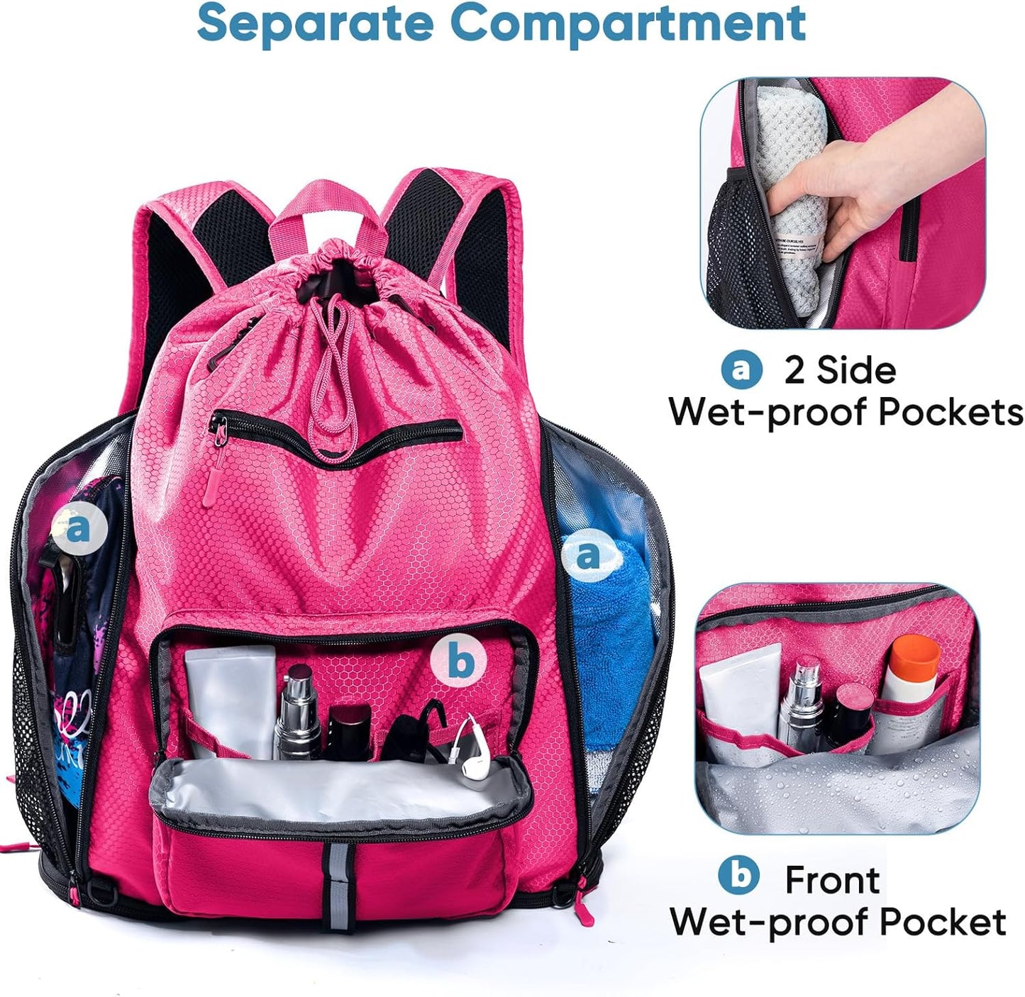 Large Beach Backpack Waterproof Sandproof - Customized Oversized Drawstring Pool Bag with Shoe Compartment for Toiletries, Towels, Gym, Travel